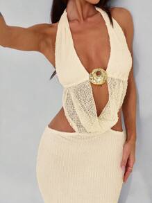 Aloruh Women's Vacation Deep V Starfish Print Textured Halter Backless High Slit Dress, Beige - Beige - View 7