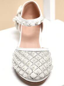 Mini mi #Princess-Approved Girls' Pearl&Bow Detail Ivory White Block Heel Dress Pumps – Elegant Princess Heels With Ankle Strap, Sparkling Rhinestone & Flower Girl Style For Weddings & Special Events - White - View 6