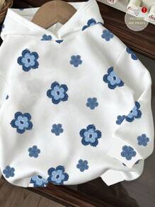 SHEIN EZwear Áo nỉ trùm đầu in hoa giản dị dành cho nữ, phù hợp cho mùa thu/đông - Nhiều màu - Xem 4