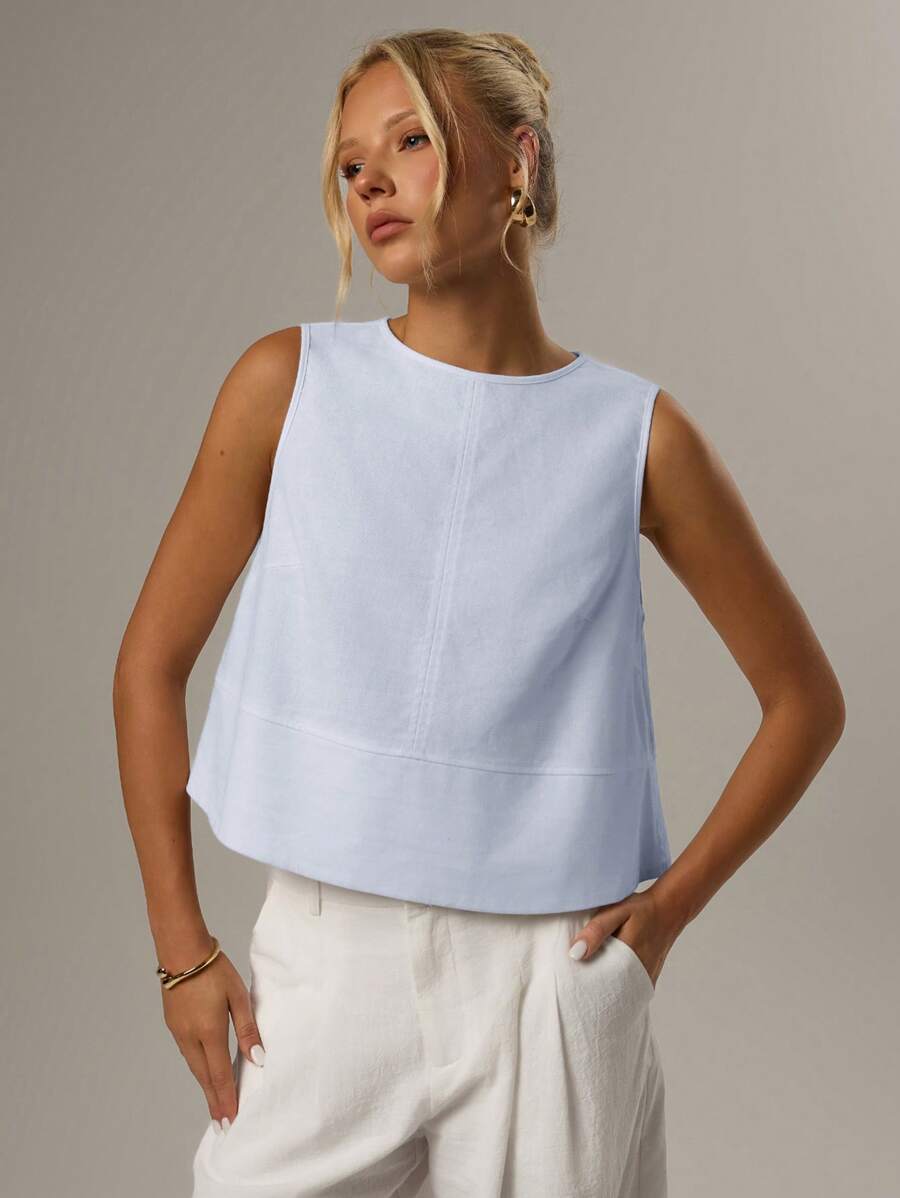 SHEIN Forever 21 女士休闲纯色圆领宽松衬衫，适合夏季 - 藍色 - 查看 1