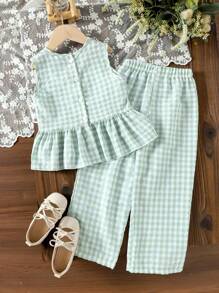 Girls (Small Size) Summer Elegant Lady T-Shirt Set, Green Plaid Sleeveless Top & Long Pants, Soft Casual Daily Wear Girls Gingham Outfit Girls Checkered Outfit Toddler Girl Gingham Set Mint Green Outfits For Kids Girls Two Piece Outfit Green Fall Winter