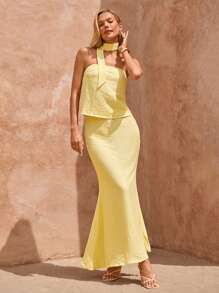 Lavishia 奶油黄色女士抹胸，配腰带领和鱼尾下摆短裙套装，奶油黄色度假风格夏季度假 Y2K 服装女士 Y2K 返校服装乡村服装女士老孟女士波西米亚风 - 黃色 - 查看 5