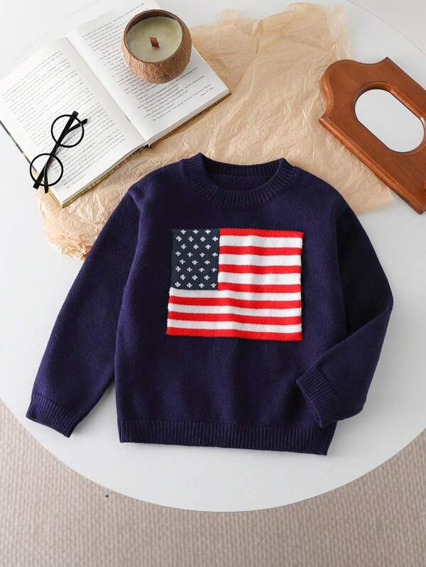 SHEIN American Flag Pattern Casual Crew Neck Long Sleeve Sweater For Young Boys Kids Sweater Toddler Sweater American Flag Sweater Kids Patriotic Sweater Boys Sweater Fall Winter