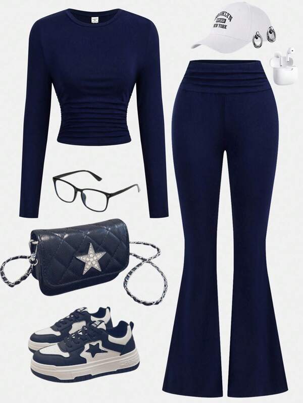 SHEIN Girlism 2pcs/Set Teen Girls Plain Color Casual Rouched Long Sleeve Slim Fit Top And Low Waist Flare Pants, Suitable For Spring, Autumn & Winter, Clean Girl Style Blue Outfit Blue Clothes Blue Outfit Set Navy Blue Outfit Flare Pants Outfit Blue Teen Outfits Full Outfit Set Set Outfit For Girls Blue Flare Pants Outfit Blue Two Pieces Outfit Fall