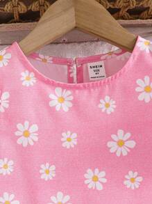 SHEIN Young Girl Floral Print Chiffon Mini Dress With Ruffled Cap Sleeve, Lovely For Vacation Daisy Dress Pink Daisy Dress Pink Floral Dress For Young Girls Girl Pink Dress Floral Toddler Dress - White - View 4