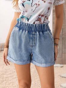 SHEIN LUNE Women's Casual Washed Denim Shorts, Summer - Blue - View 1