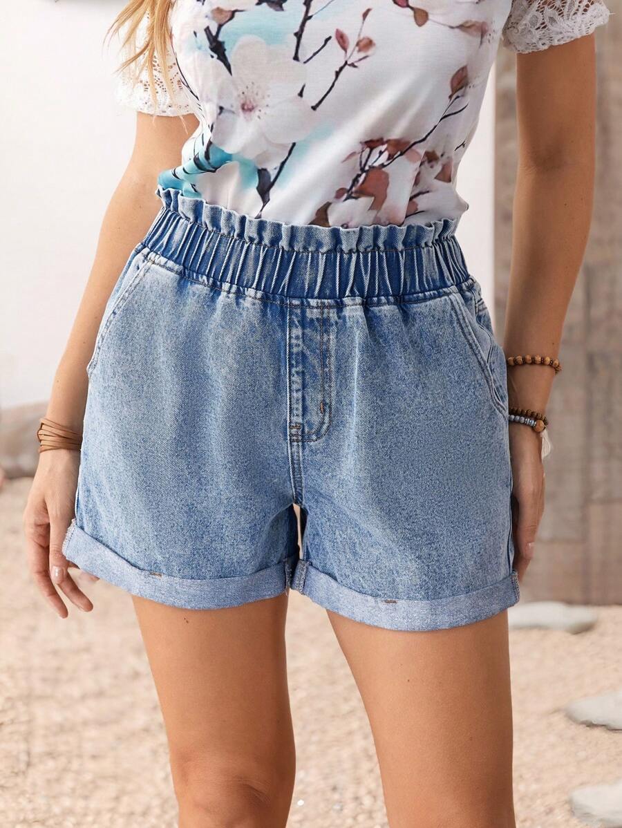 SHEIN LUNE Women's Casual Washed Denim Shorts, Summer - Blue - View 1