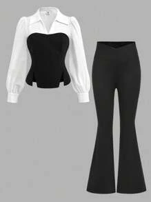SHEIN Tween Girl Elegant Black And White Color Block Puff Long Sleeve Slit Hem Fashion Shirt Blouse And Solid Black Flared Leg Pants 2Pieces Set, For Daily Wear, Back To School, For Spring/Autumn