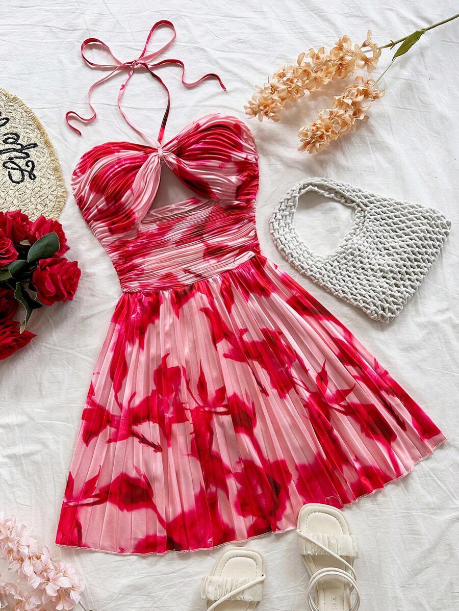 Soleia Vestido bohemio corto de mujer con estampado floral de teñido anudado, cuello de halter, cintura con lazo, para la playa, temporada de bodas, vacaciones, festivales de música, verano - Blanco - Ver 1