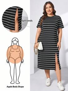 SHEIN Essnce Plus Size Women's Spring And Summer Fashion Casual Loose Comfortable Basic Daily Slim Split Black Striped Short-Sleeved Mid-Length Dress,Airport Outfit,Old Money Style,Teacher Clothes,Church Dresses For Women,Summer Outfits For Women,Curve Dress - Black and White - View 1