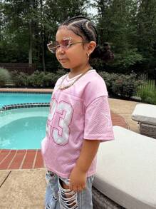 Young Girl Fashion Sports Street Style Pink & White Number 23 Print Jersey T-Shirt, Loose Casual Tee With Contrast Fabric Panels Kids Y2k Style