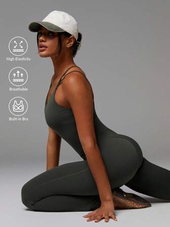 Athîral Damen einfarbiger Spaghetti-Trägerjumpsuit mit offenem Rücken und ärmelloser Lässig Sportoptik für den Sommer