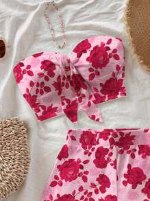 Soleia 2pcs Women Floral Print Halter Top And Shorts Set, Vacation Floral 2 Pieces Set Summer Two Pieces Sets Suitable For Going Out - Pink - View 3