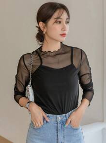 DAZY Lettuce Trim Mock Neck Mesh Top Without Cami Top Sheer Top Going Out Tops Long Sleeve Women Tops - Black - View 5