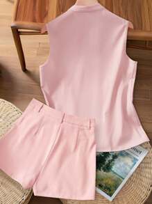 INAWLY 2pcs/Set Women's Casual Solid Color Toothpick Design Single Breasted Sleeveless Top And Shorts Set, Summer