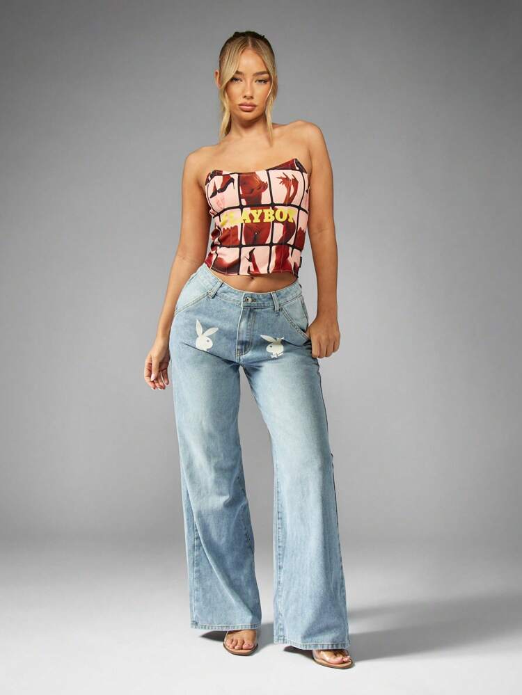 Missguided x Playboy Vintage Style Retro Wide Leg Denim High Waisted Graphic Print Jeans｜MISSGUIDED