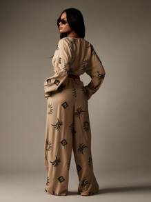 MISSGUIDED Bộ đồ phối hợp vải lanh thêu quần ống rộng cạp cao áo crop top tay bồng mặc đi nghỉ dưỡng họa tiết chống nắng lễ hội bãi biển mùa hè - Rượu sâm banh - Xem 2