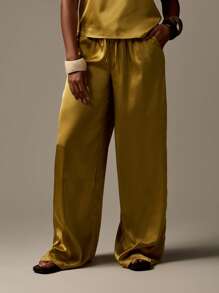 MISSGUIDED Bộ đồ ngủ ống rộng bằng vải satin sang trọng Palazzo Áo hai dây có thể điều chỉnh Quần cạp chun Quần mặc đi nghỉ dưỡng buổi tối phối đồ Giáng sinh - màu xanh lá - Xem 5