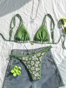 SHEIN 2 件套女士花卉印花三角泳衣套装，系带式海滩度假比基尼
