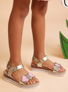 Mini mi 闪光心形绑带 PU 金色帆布厚底厚底凉鞋 - 舒适贴合，公主风可爱风格 - 金色 - 查看 7