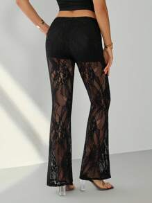 SHEIN Tall Quần ống loe ren mỏng gợi cảm thanh lịch dành cho nữ - màu đen - Xem 2