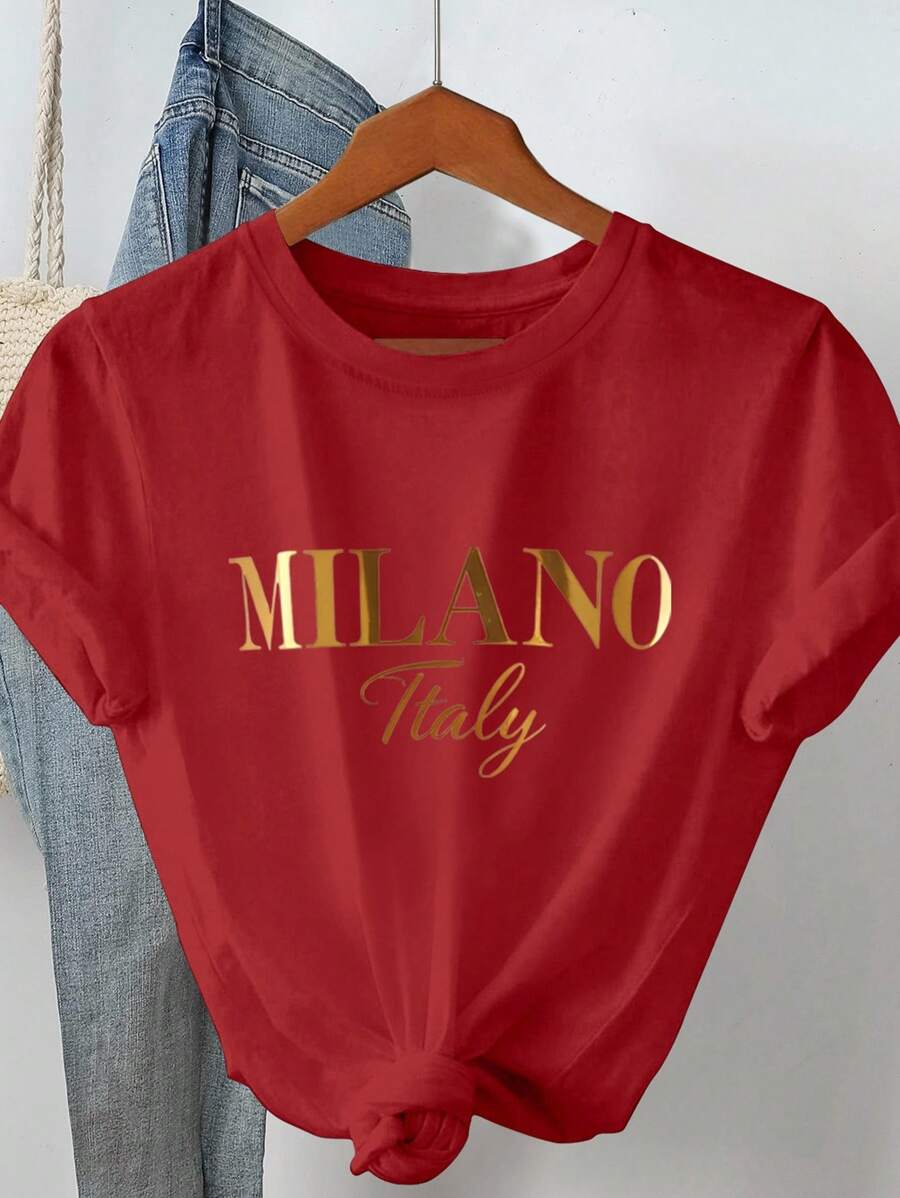 女士休闲字母印花圆领短袖 T 恤，夏季 - 紅色 - 查看 1