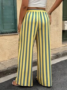 Flirla 女式大码条纹印花裤，随机印花 - 黃色 - 查看 2
