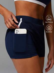 Athîral Women's Contrast Color High Waist Pocketed Casual Activewear Skort - Navy Blue - View 1
