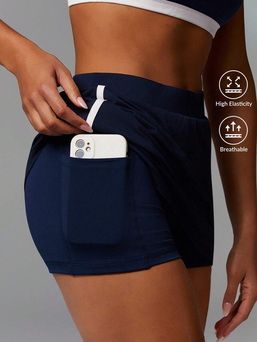Athîral Women's Contrast Color High Waist Pocketed Casual Activewear Skort - Navy Blue - View 1