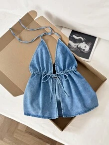 Comfortcana Women's Casual Drawstring Waist Denim Halter Tank Top, Summer,Vacation Outfits Woman,Cute Tops,Country Concert Outfits,Going Out Tops,Y2k Tops,Casual Tops For Woman,Hawaii Outfits Women,Cowgirl Tops Denim Halter Top Denim Top