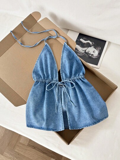 Comfortcana Women's Casual Drawstring Waist Denim Halter Tank Top, Summer,Vacation Outfits Woman,Cute Tops,Country Concert Outfits,Going Out Tops,Y2k Tops,Casual Tops For Woman,Hawaii Outfits Women,Cowgirl Tops Denim Halter Top Denim Top