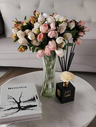 1PC/3PCS/4PCS/5PCS Artificial Pink Roses, Artificial Rose Dried Fake Flowers, 7 Rose Heads, Length 48cm, Green Artificial Plants, Plastic Artificial Plants, American Simple Romantic Style, Suitable For Home Decoration Flower Arrangement, Living Room Decoration, Wedding Decoration, Vase Flower Arrangement, Office Decoration, DIY Flower Wall.