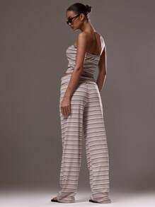 MUSERA Striped Bandeau Top And Low Rise Foldover Waist Wide Leg Trousers Co Ord Summer Cute Vacation Easter Back To School Winter Everyday - Apricot - View 2