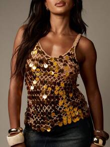 MISSGUIDED Top de punto tipo cubrecostillas para la playa con lentejuelas metálicas, para vacaciones, resort y uso en la piscina en verano - Caqui - Ver 6