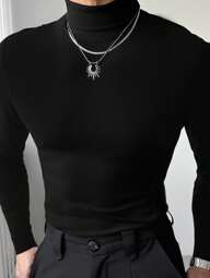 Manfinity Dauomo メンズカジュアル 無地ハイネック スリムフィット 長袖Tシャツ 秋冬