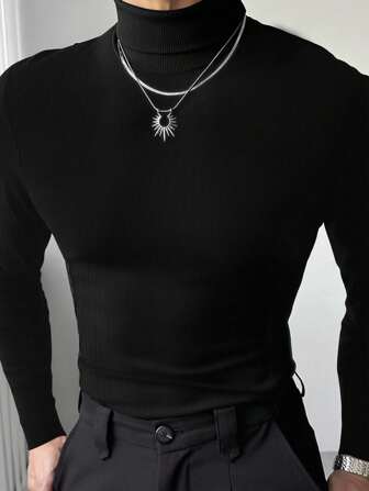Manfinity Dauomo Men's Casual Solid Color Turtleneck Slim Fit Long Sleeve T-Shirt, Autumn/Winter, Fall