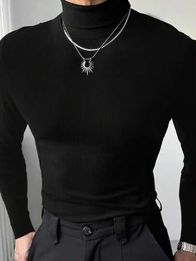 Manfinity Dauomo Men's Casual Solid Color Turtleneck Slim Fit Long Sleeve T-Shirt, Autumn/Winter, Fall