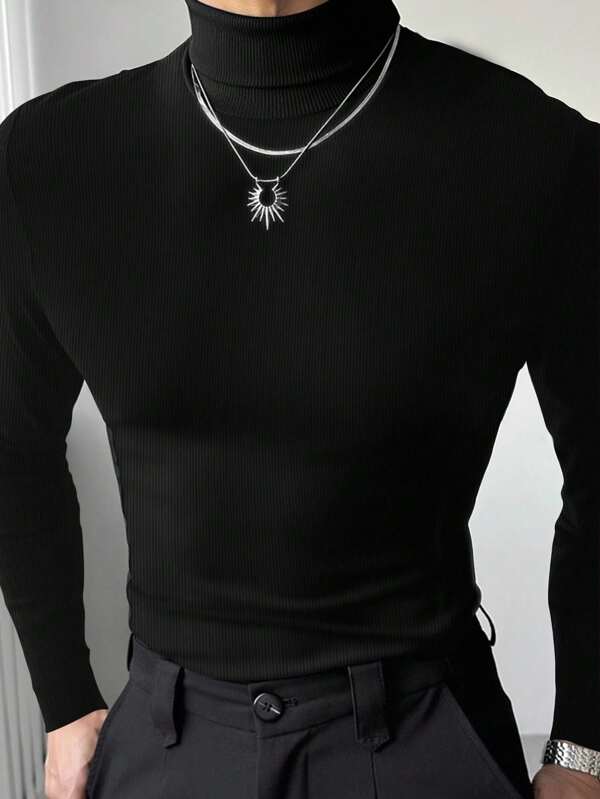 Manfinity Dauomo Men's Casual Solid Color Turtleneck Slim Fit Long Sleeve T-Shirt, Autumn/Winter, Fall