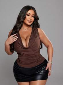 NU&NOW Áo ba lỗ cổ quấn hàng ngày thanh lịch gợi cảm, mặc nhiều lần, cỡ lớn, thích hợp cho hẹn hò, đi nghỉ - màu nâu - Xem 1