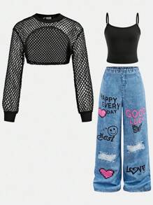 Tween Girls 街头时尚牛仔印花紧身裤、短款细肩带吊带背心和长袖连帽网眼上衣 3 件套，时尚风格 - 黑色 - 查看 15