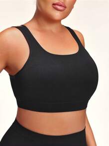 SHEIN 1set Plus Size Solid Color Elastic Cropped Tank Top And Shorts Shaping Bodysuit Set - Black - View 7