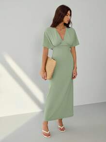 SHEIN Tall 女士纯色 V 领蝙蝠袖短袖荷叶边长裙夏季连衣裙，薄荷绿连衣裙