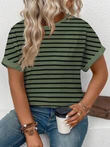 INAWLY Women's Round Neck Short Sleeve Striped Print Casual Versatile Plus Size T-Shirt, Spring/Summer - Green - View 4