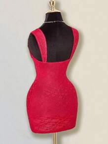 SHEIN ICON Vestido corto casual de vacaciones de puro color beige para damas, con ajuste ceñido, escote en V profundo, semi-transparente y de encaje - Beis - Ver 7