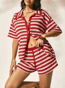 Easelle Bộ 2 áo len cardigan sọc thường ngày cho nữ đi nghỉ mát và quần short - Nhiều màu - Xem 1