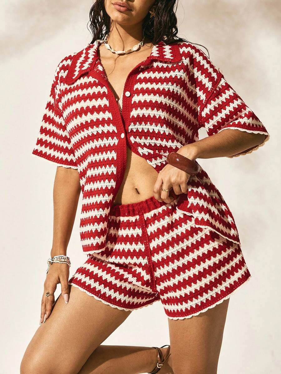 Easelle Bộ 2 áo len cardigan sọc thường ngày cho nữ đi nghỉ mát và quần short - Nhiều màu - Xem 1