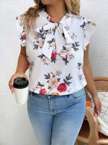 EMERY ROSE Blusa de manga corta con estampado floral y lazo para mujer de talla grande - Multicolor - Ver 5