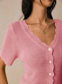 Poéselle 女式纯色拱形V领单排扣短袖休闲针织上衣