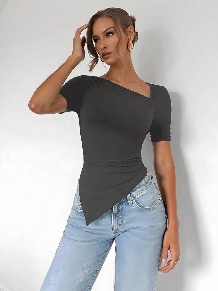 Chiquease 女式纯色短袖修身休闲不对称T恤，夏季 - 灰色 - 查看 1
