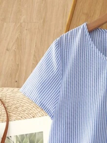 Rusticease 女式夏季条纹纽扣半襟短袖休闲衬衫返校秋季女装老款风格女式商务休闲女式条纹棉质上衣女式棉质上衣蓝白条纹衬衫夏季上衣休闲棉质上衣 - 藍白色 - 查看 3